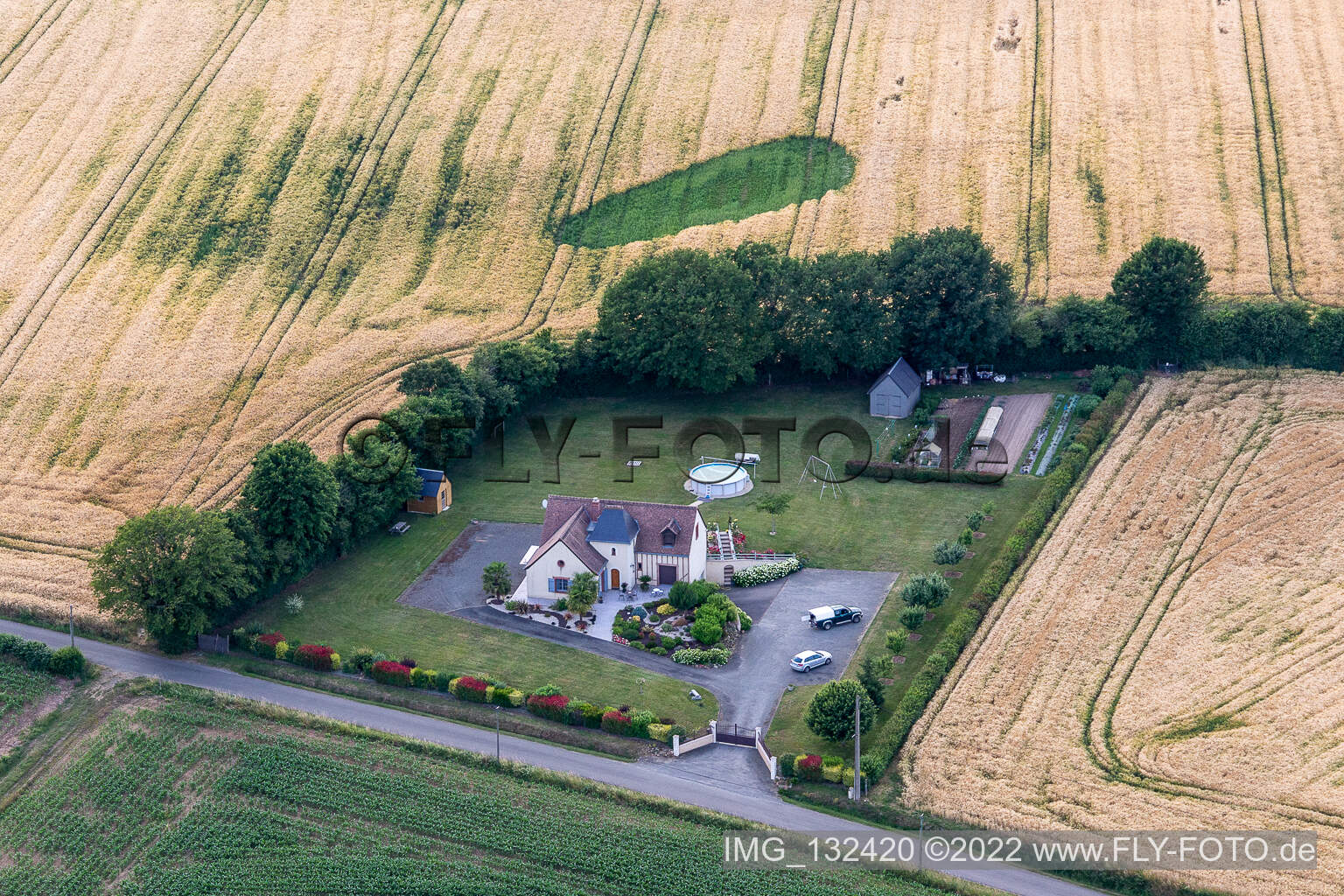 Aerial view of Les Ricosseries in Coudrecieux in the state Sarthe, France