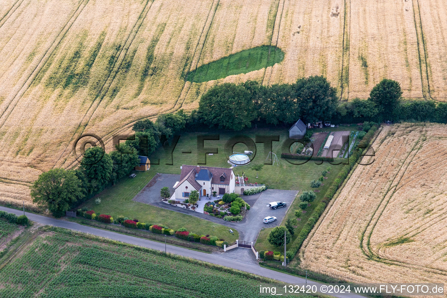 Aerial view of Les Ricosseries in Coudrecieux in the state Sarthe, France