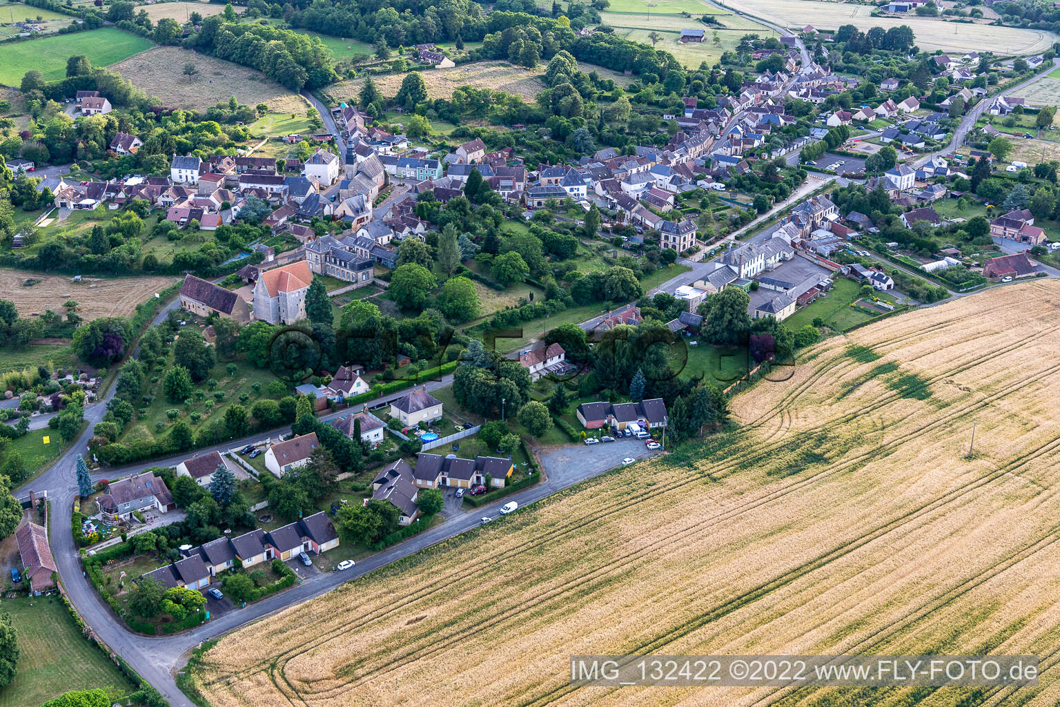 Aerial view of Coudrecieux in the state Sarthe, France