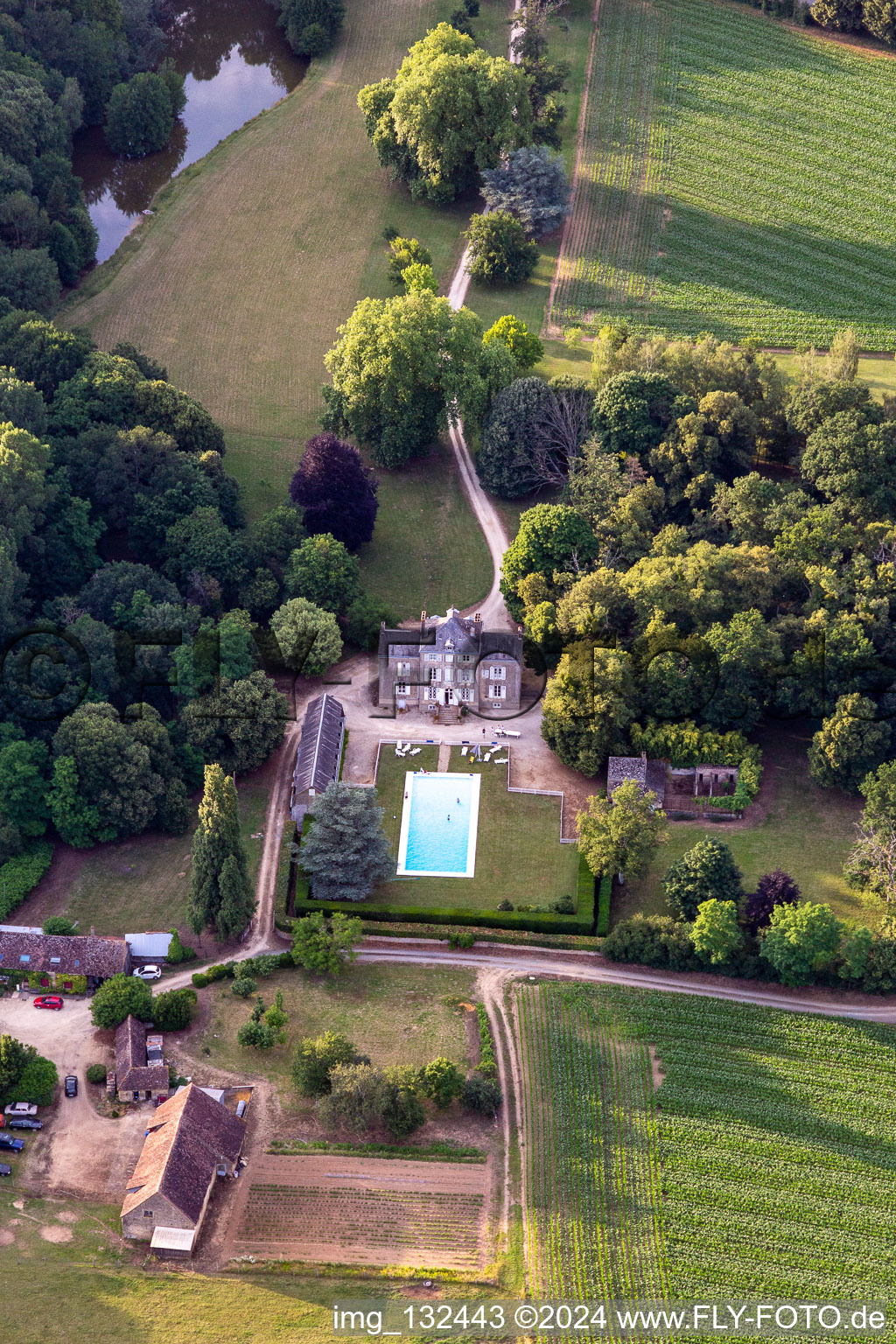 Aerial view of Château de Saint-Paul in Saint-Michel-de-Chavaignes in the state Sarthe, France