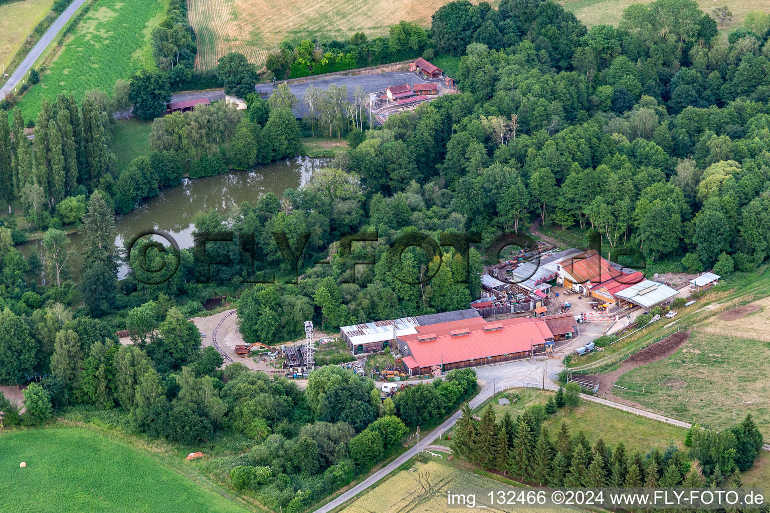 Aerial view of Tourist train and Muséotrain de Semur-en-Vallon, en Sarthe in Semur-en-Vallon in the state Sarthe, France