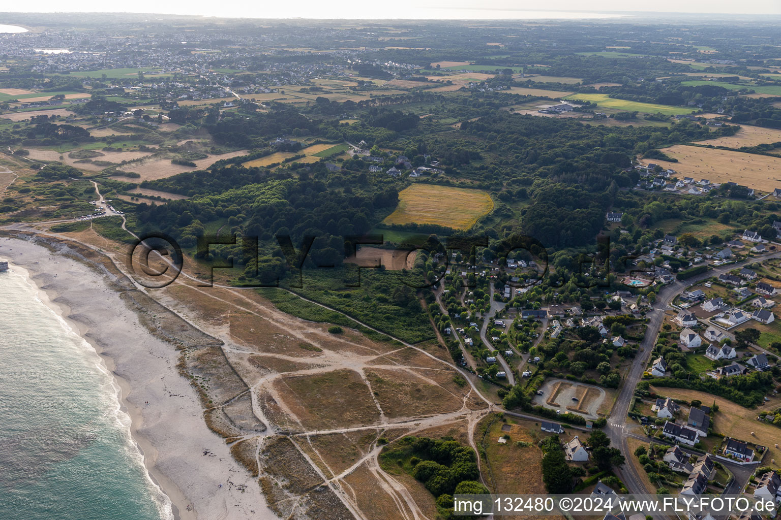 Aerial view of Camping Des Dunes, Flower Camping La Grande Plage in Plobannalec-Lesconil in the state Finistere, France