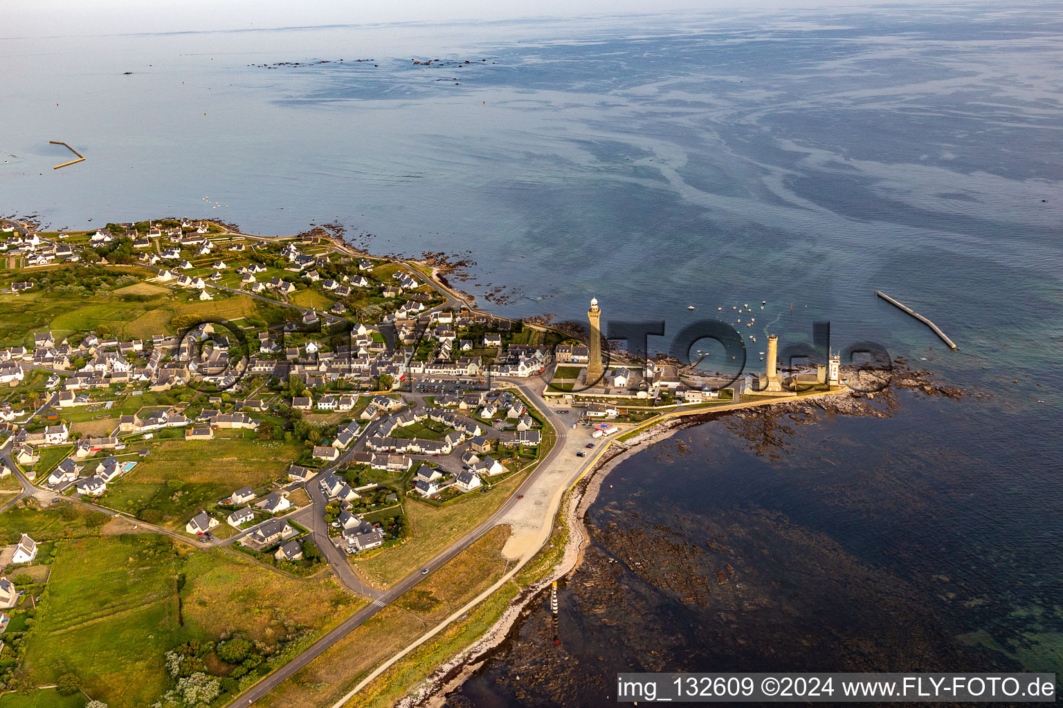 Aerial view of Phare d'Eckmühl and the Old Lighthouse of Penmarch in Penmarch in the state Finistere, France