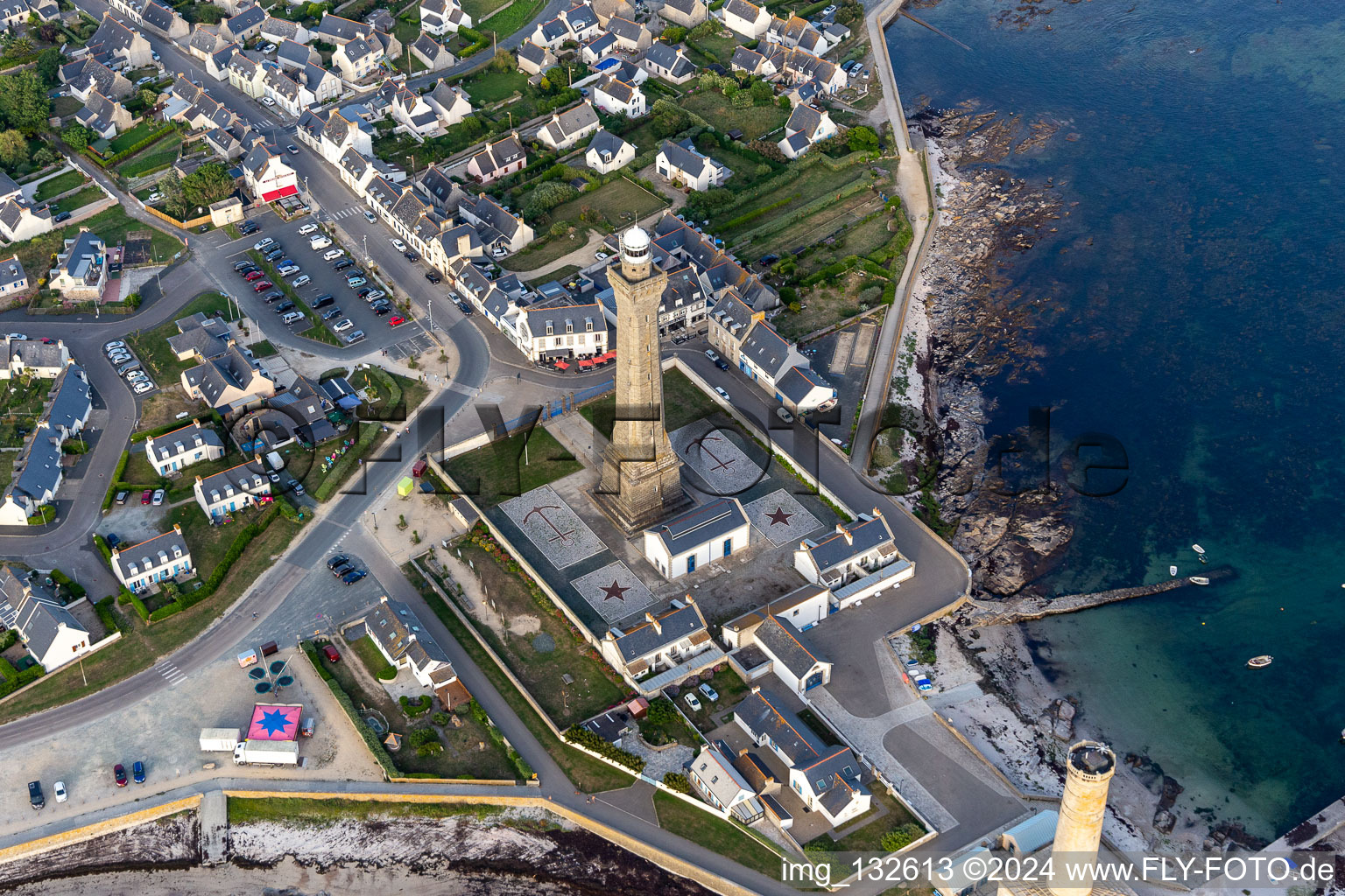 Aerial view of Eckmühl Lighthouse in Penmarch in the state Finistere, France