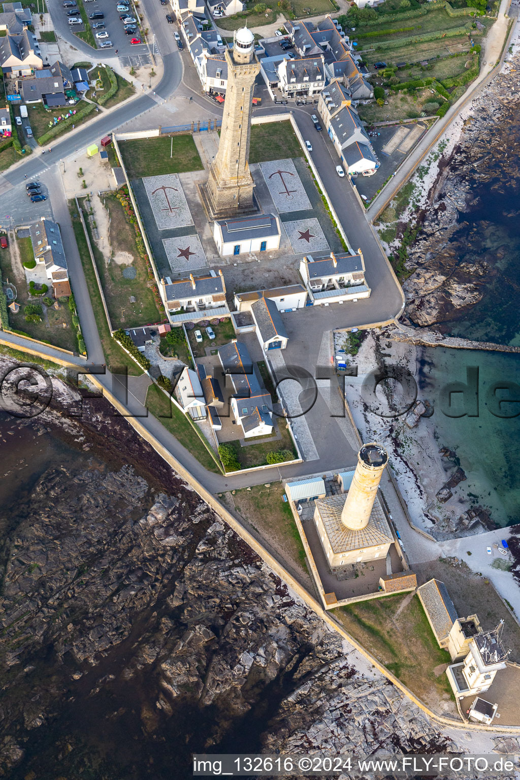 Phare d'Eckmühl and the Old Lighthouse of Penmarch in Penmarch in the state Finistere, France from above