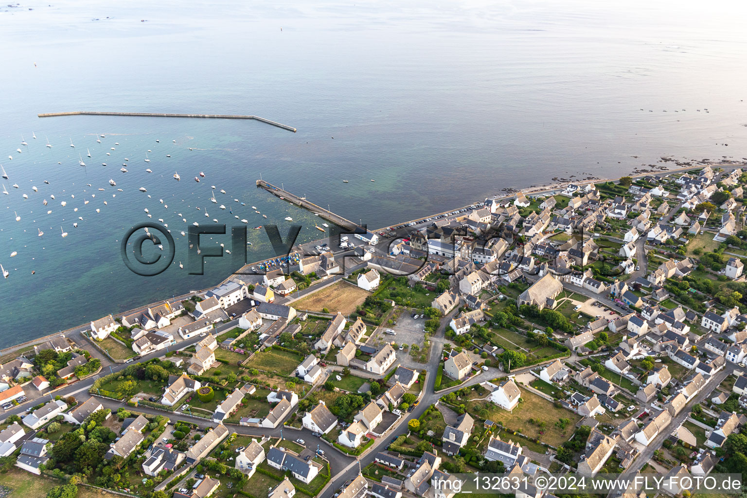 Aerial view of Kerity pier in the district Penmarc'h-Kerity in Penmarch in the state Finistere, France