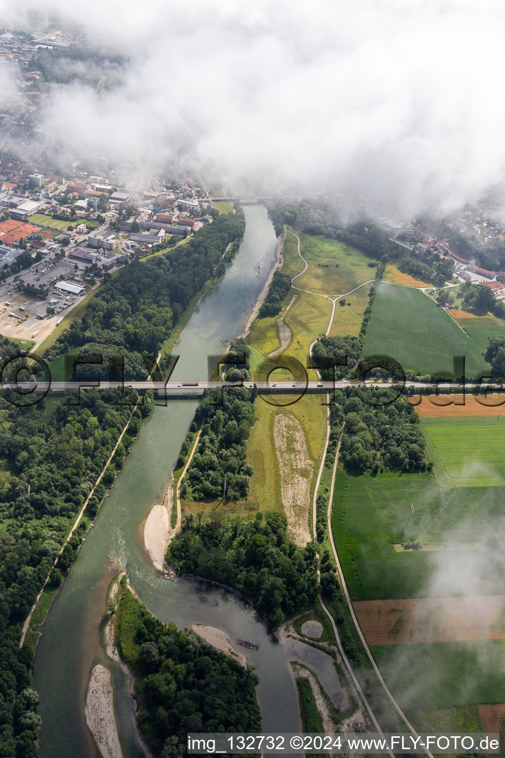 Aerial view of Bridges over the Isar in Landau an der Isar in the state Bavaria, Germany