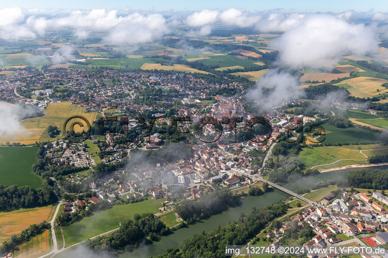 Landau an der Isar in the state Bavaria, Germany seen from a drone