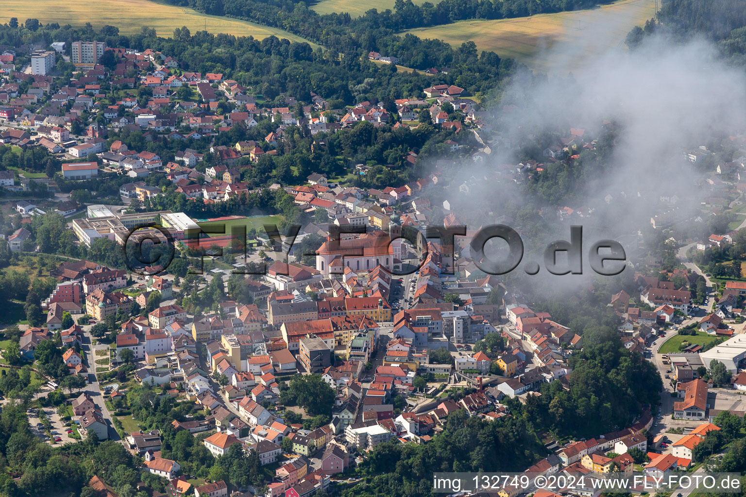 Aerial view of Upper Town Square with the Parish Church of the Assumption of Mary in the district Zanklau in Landau an der Isar in the state Bavaria, Germany