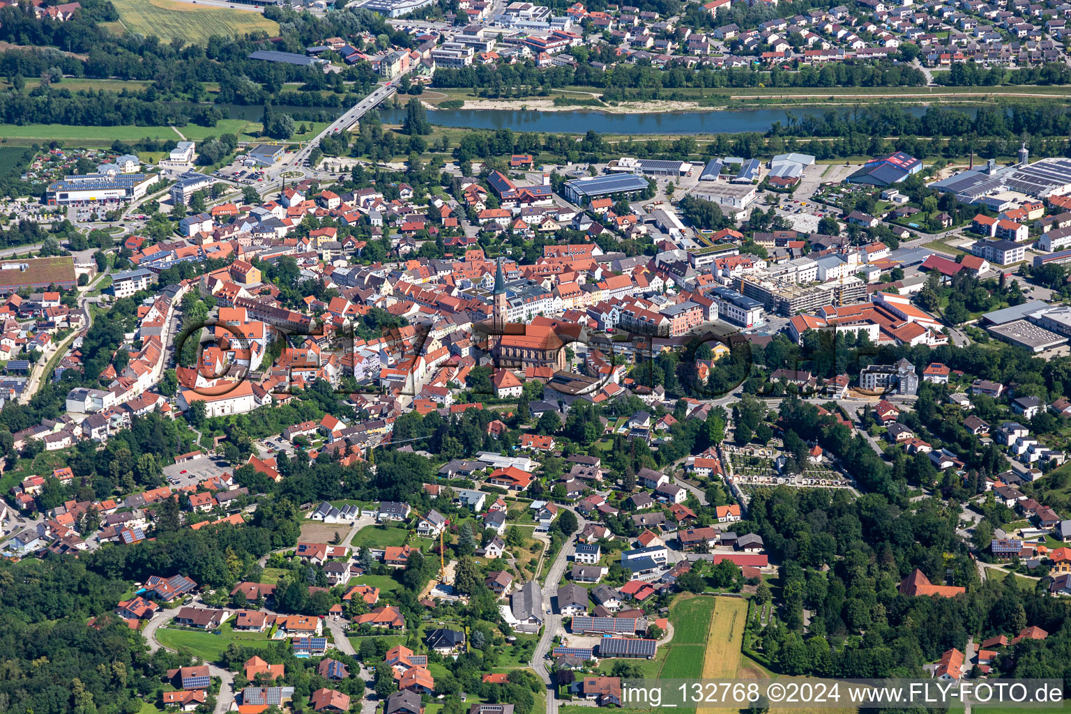 Aerial view of St. John Dingolfing in Dingolfing in the state Bavaria, Germany