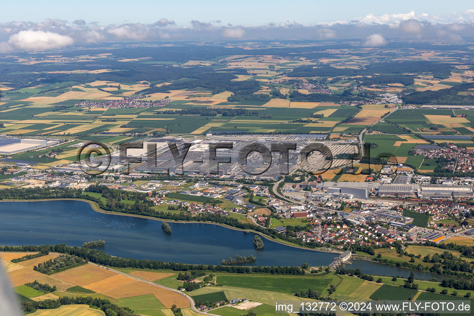 Oblique view of BMW Plant 2.40 in the district Höfen in Dingolfing in the state Bavaria, Germany