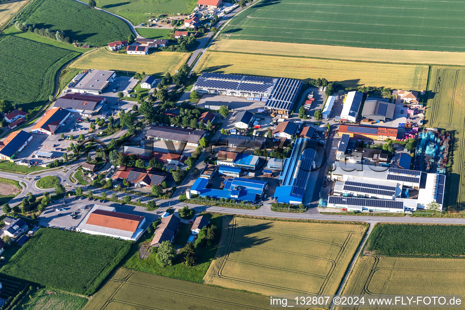 Aerial view of Schreinerstraße commercial area with Voggenreiter GmbH and Lohr GmbH in the district Niederreisbach in Reisbach in the state Bavaria, Germany