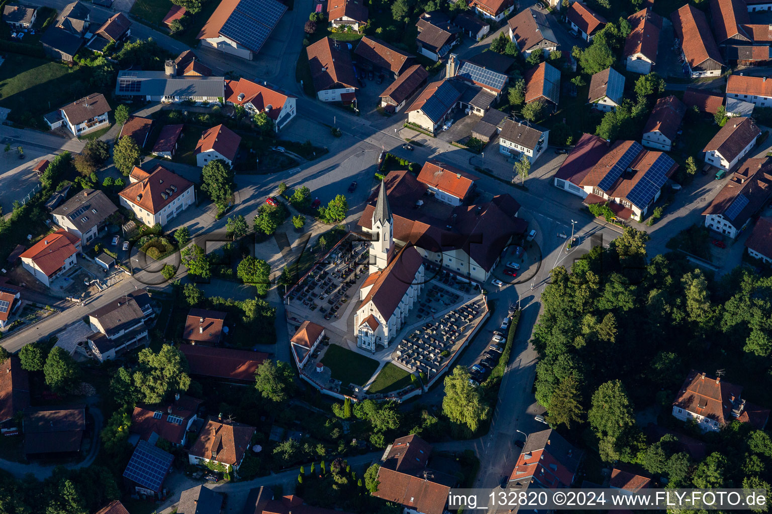 Aerial view of Parish Church of St. John the Baptist in Ruhstorf in the district Ruhstorf in Simbach in the state Bavaria, Germany