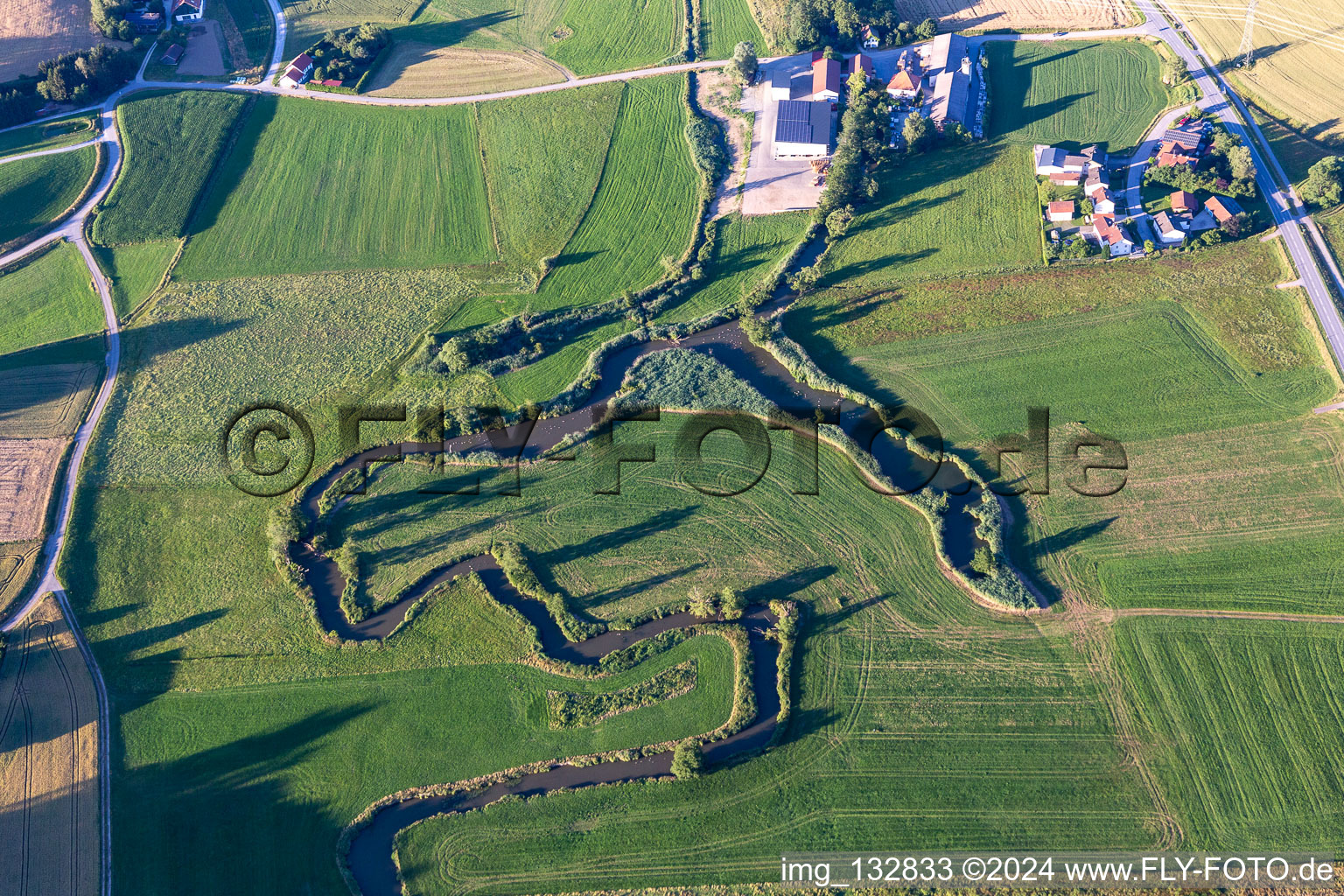 Aerial view of River loops of the Kollbach at Hainberg in the district Hainberg in Arnstorf in the state Bavaria, Germany