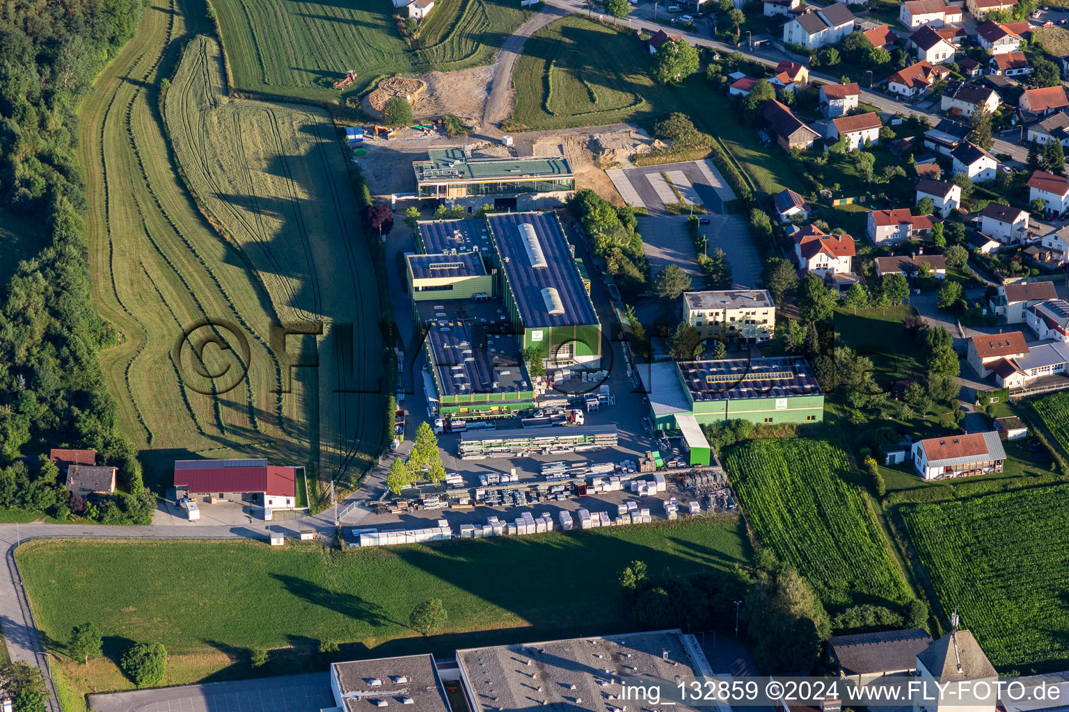 Aerial view of Prökl GmbH in Arnstorf in the state Bavaria, Germany