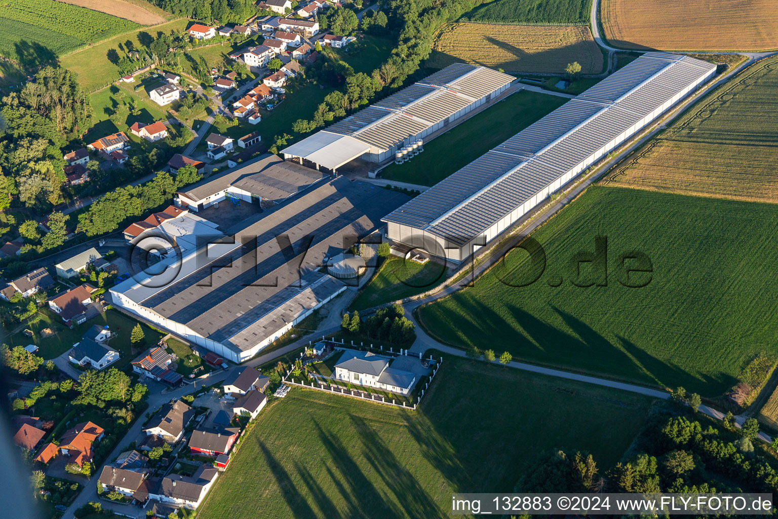 Aerial view of Konservenfabrik Eggerstorfer GmbH in Esterndorf in Roßbach in the state Bavaria, Germany