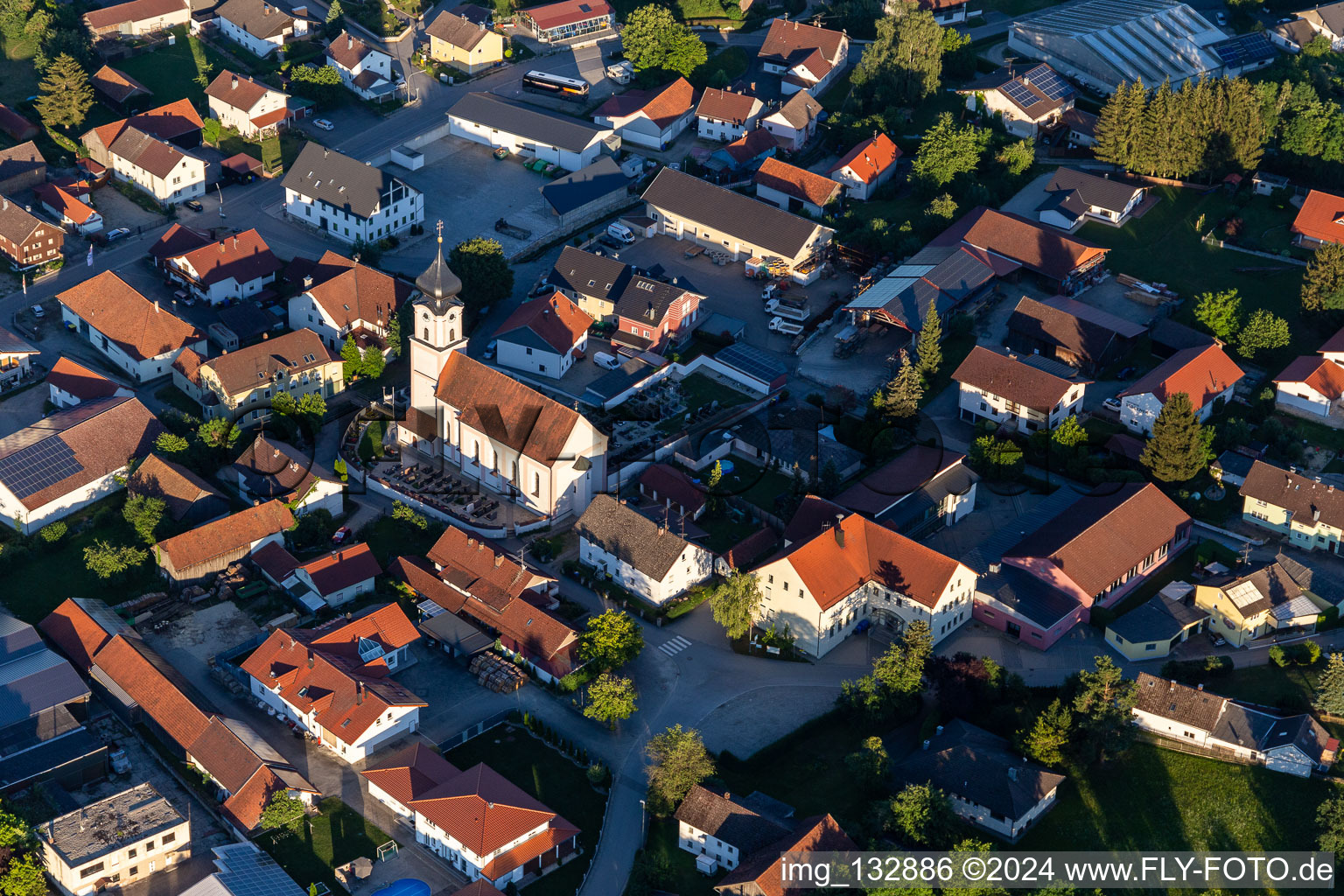 Aerial view of Parish Church of the Annunciation in Esterndorf in the district Esterndorf in Roßbach in the state Bavaria, Germany