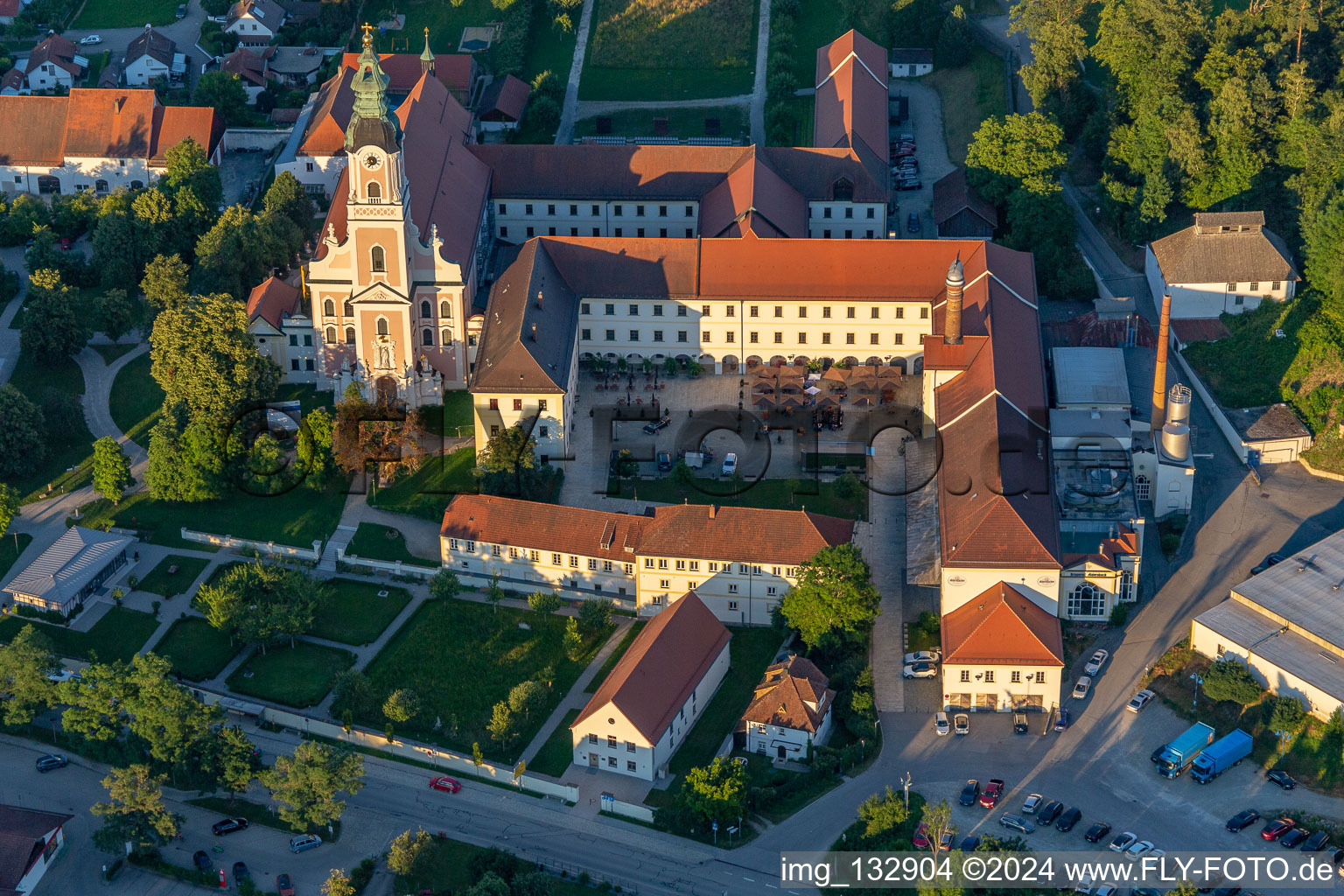 Aerial view of The former abbey church of the Assumption of Mary and monastery courtyard Aldersbach with Aldersbacher Bräustüberl in the district Sankt Peter in Aldersbach in the state Bavaria, Germany