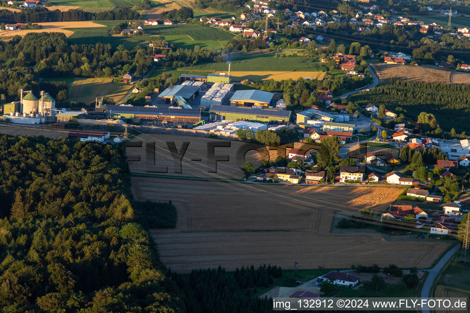 Aerial view of Holzwerke Weinzierl GmbH in the district Eben in Vilshofen an der Donau in the state Bavaria, Germany