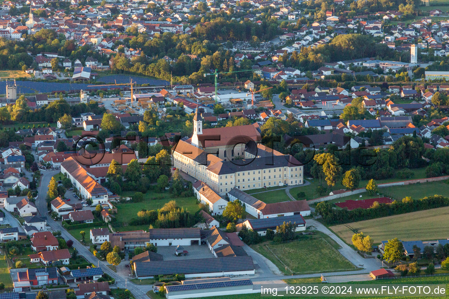 Aerial view of Asambasilica Altenmarkt in the district Altenmarkt in Osterhofen in the state Bavaria, Germany