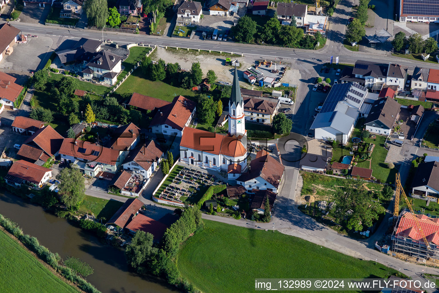 Aerial view of St. Giles in Aham in the state Bavaria, Germany