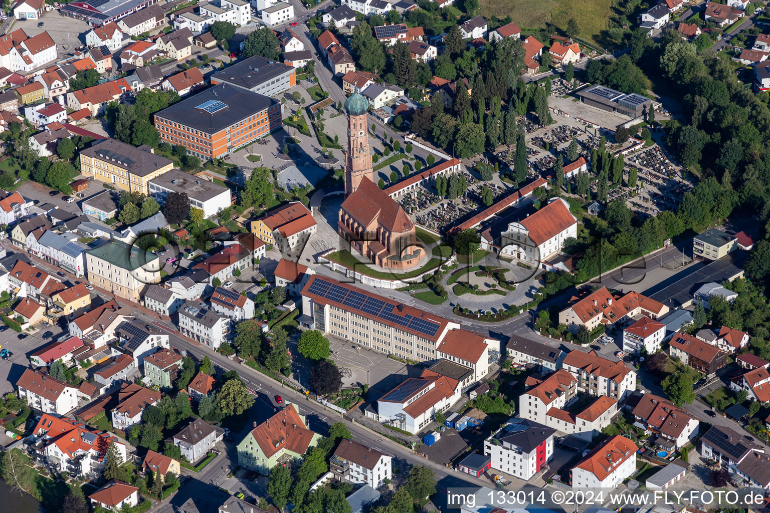 Aerial view of Parish church of the Assumption of Mary in Vilsbiburg in the state Bavaria, Germany