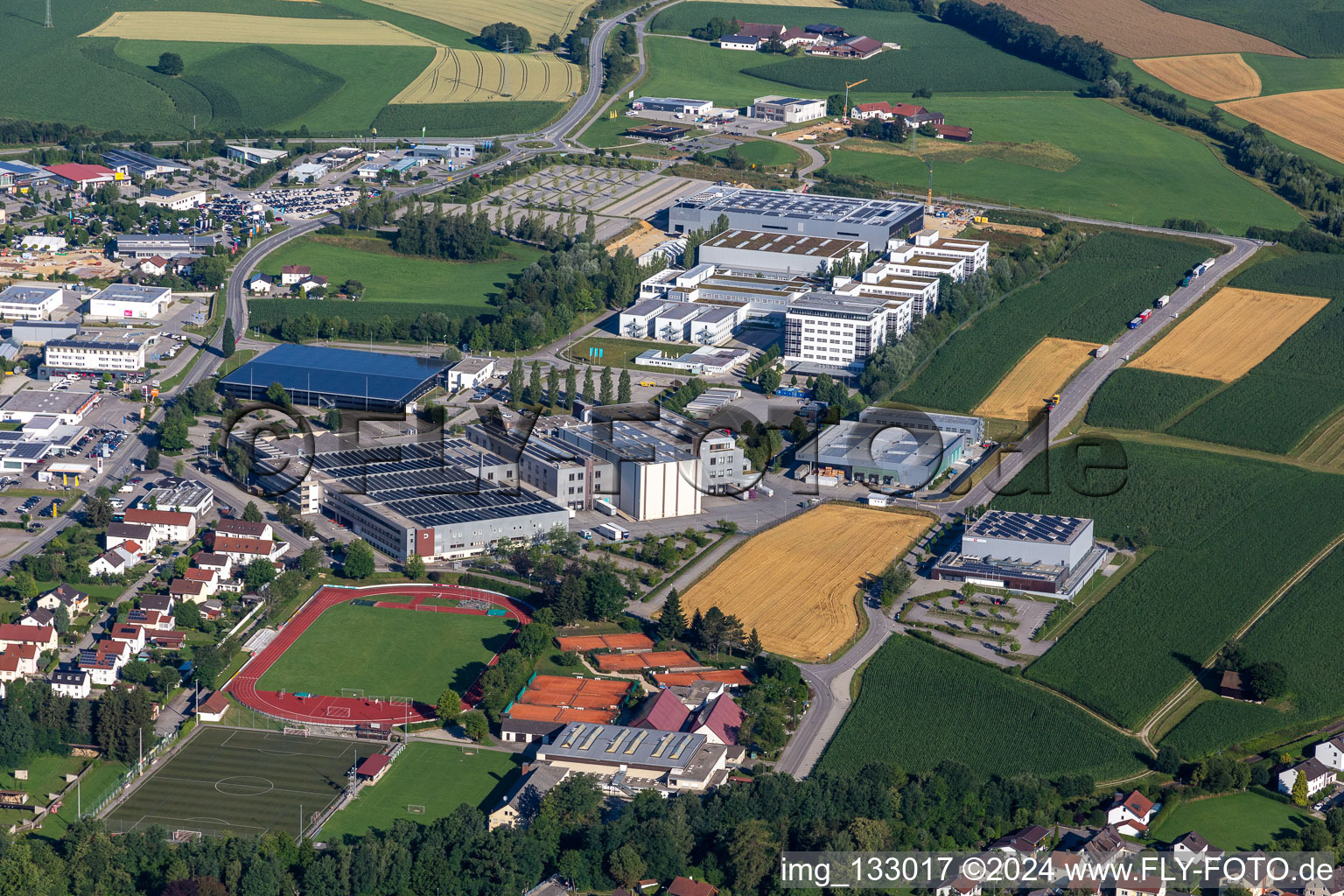 Aerial view of Industrial area Urbanstr in Vilsbiburg in the state Bavaria, Germany