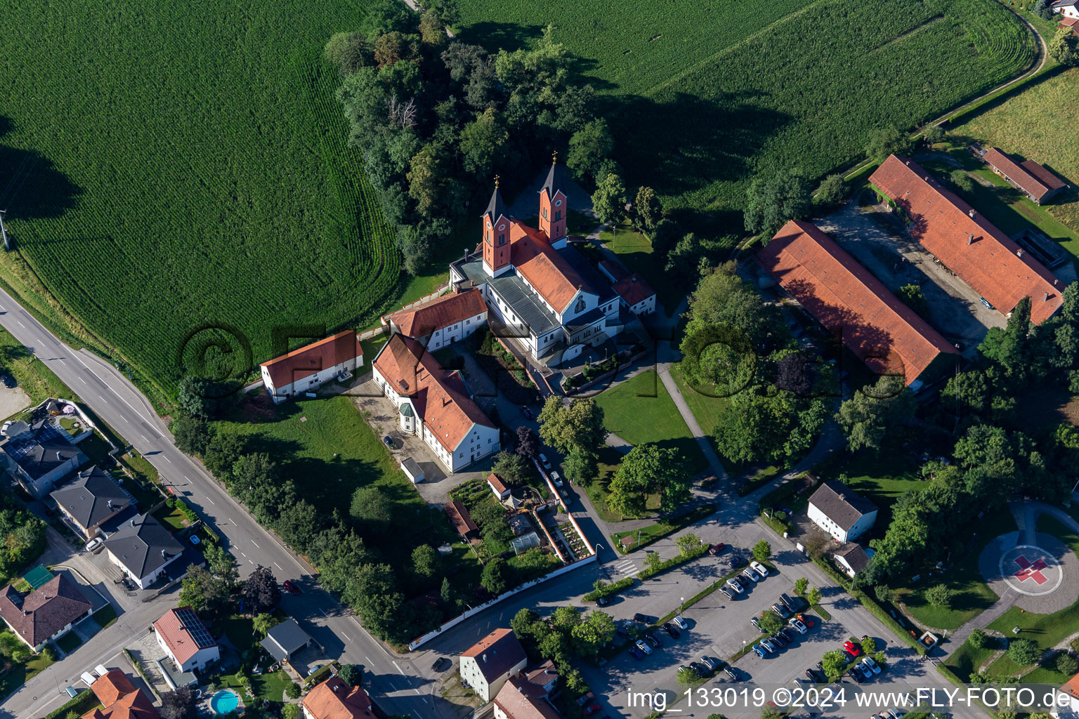 Aerial view of Pilgrimage Church of Mary Help of Christians in the district Thalham in Vilsbiburg in the state Bavaria, Germany