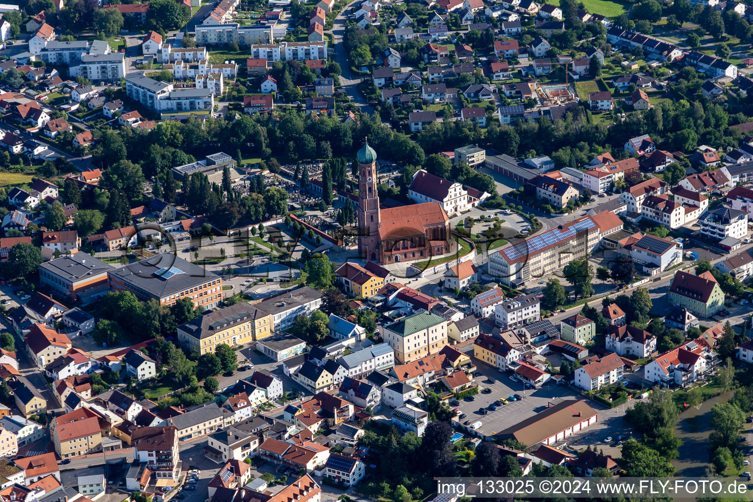 Aerial view of Parish Church of the Assumption of Mary and Middle School in Vilsbiburg in the state Bavaria, Germany