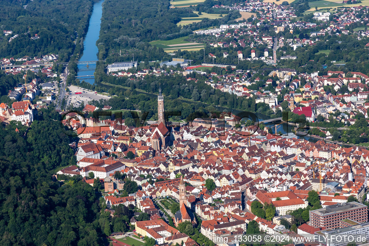 Aerial view of Old Town Landshut in Landshut in the state Bavaria, Germany