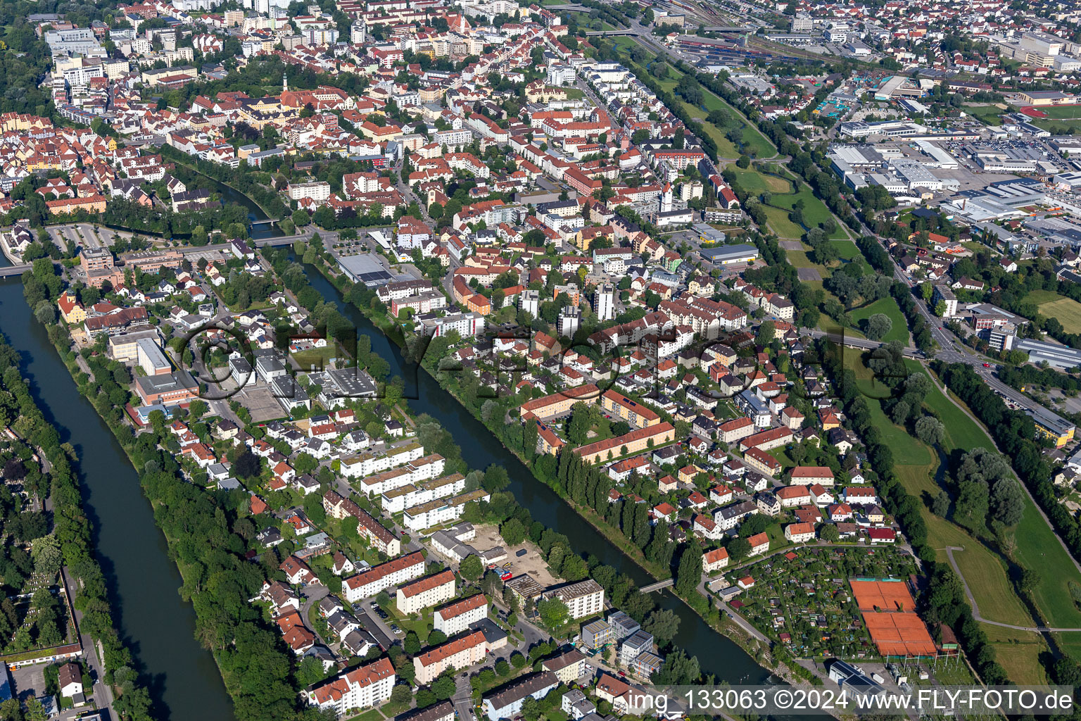 Aerial view of Hammerinsel between Isar and small Isar in Landshut in the state Bavaria, Germany