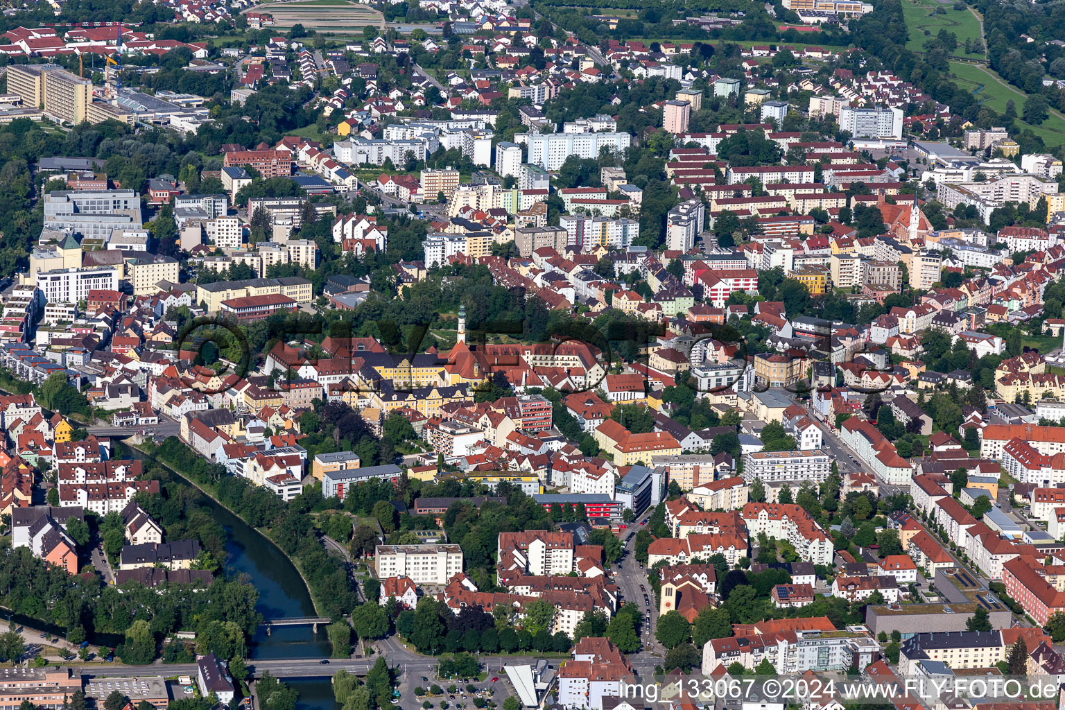 Aerial photograpy of Hammerinsel between Isar and small Isar in Landshut in the state Bavaria, Germany