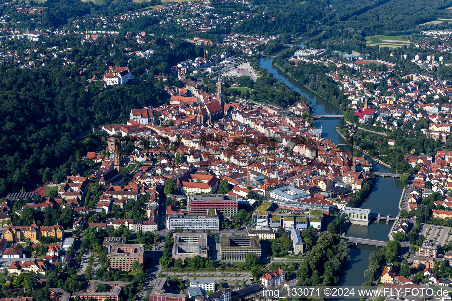 Aerial view of New Town and Old Town Landshut in Landshut in the state Bavaria, Germany