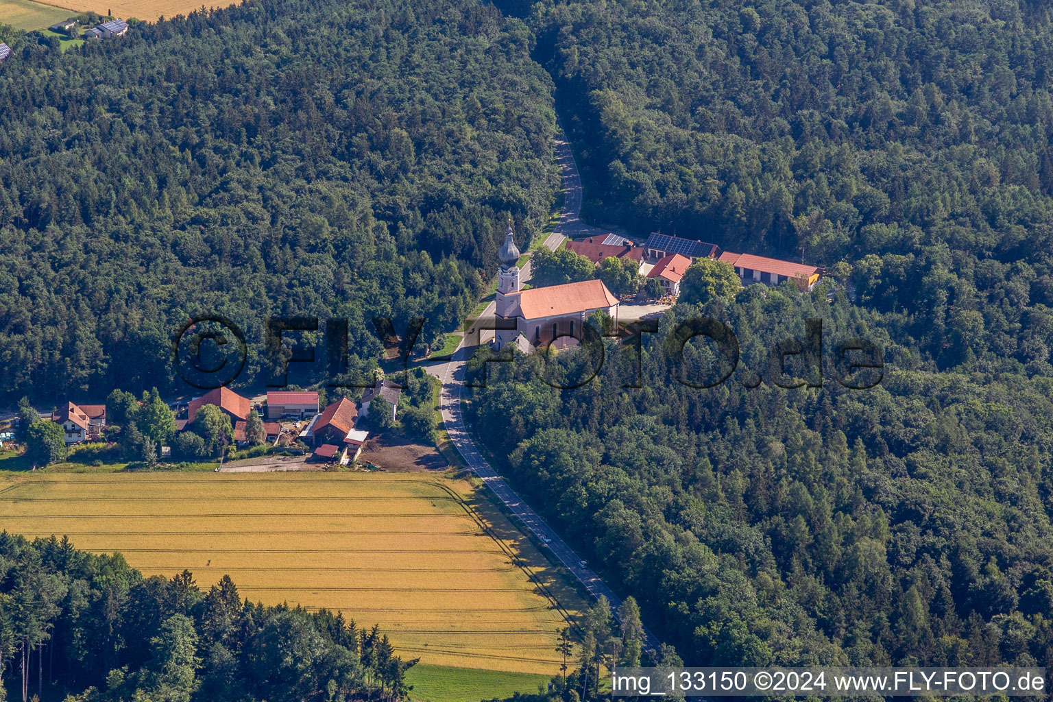 Aerial view of Holy Trinity Pilgrimage Church - Moosthenning in the district Rimbach in Moosthenning in the state Bavaria, Germany