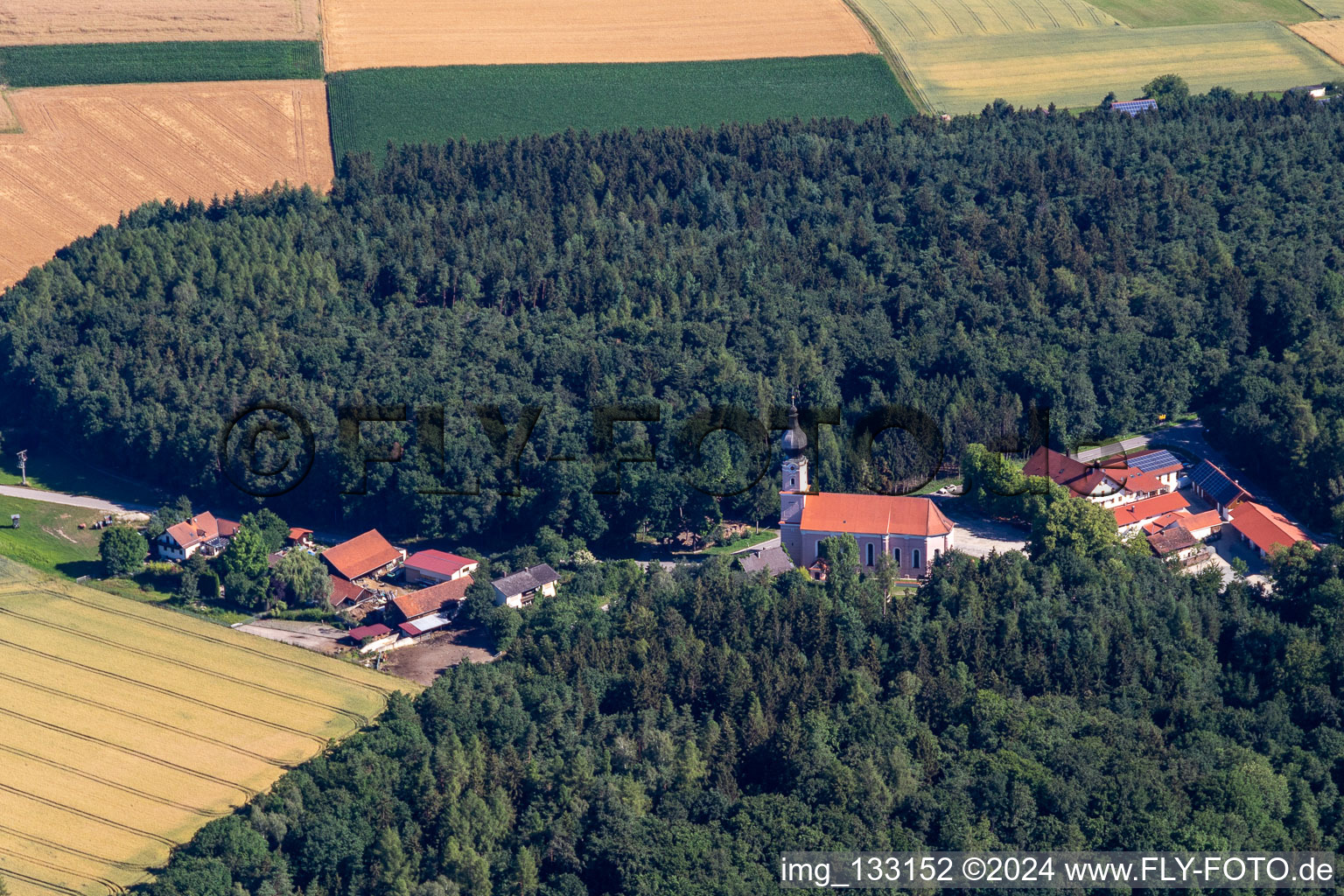 Aerial photograpy of Holy Trinity Pilgrimage Church - Moosthenning in the district Rimbach in Moosthenning in the state Bavaria, Germany