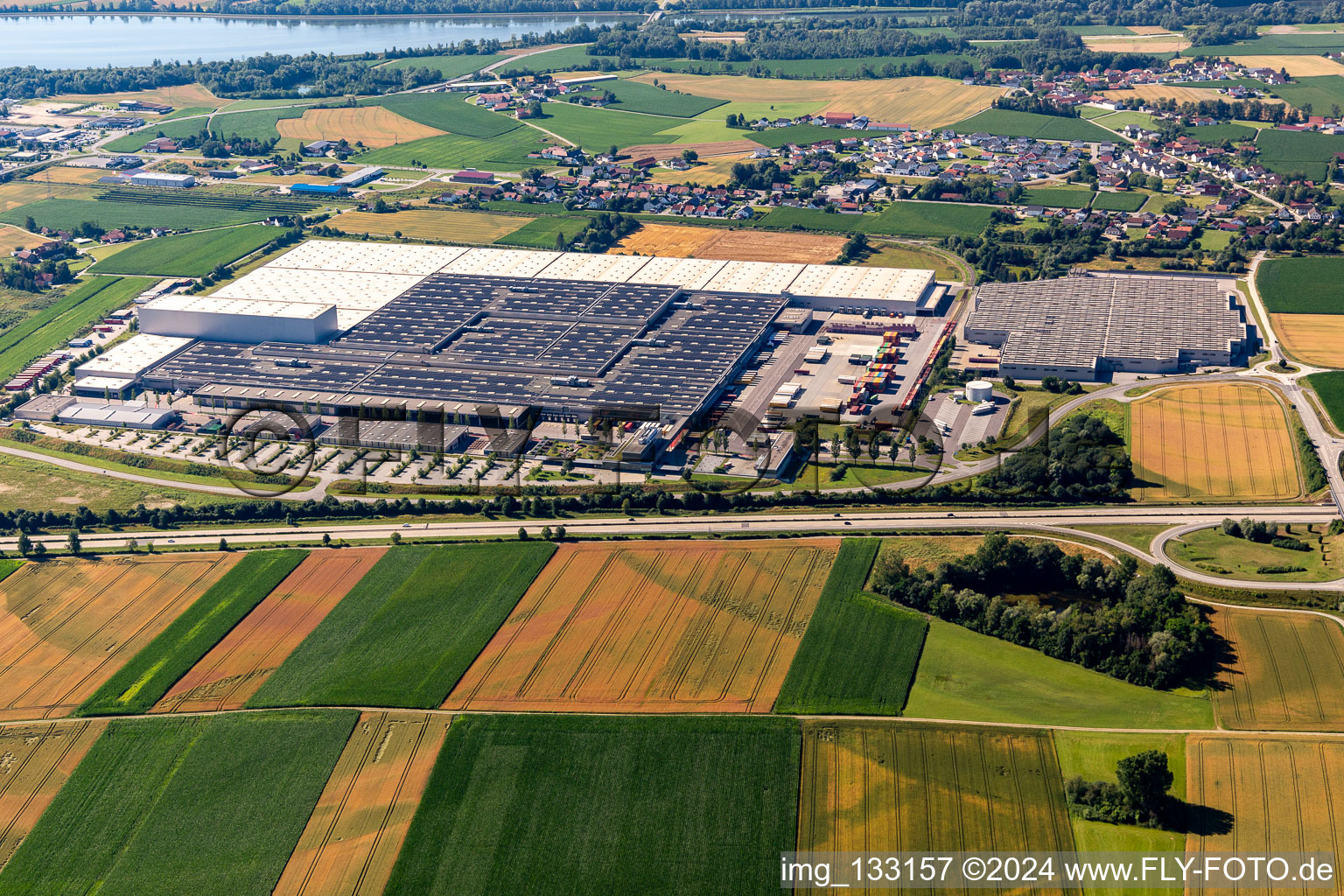 Aerial view of BMW Plant 2.70 and 2.71 Dynamic Center in the district Höfen in Dingolfing in the state Bavaria, Germany