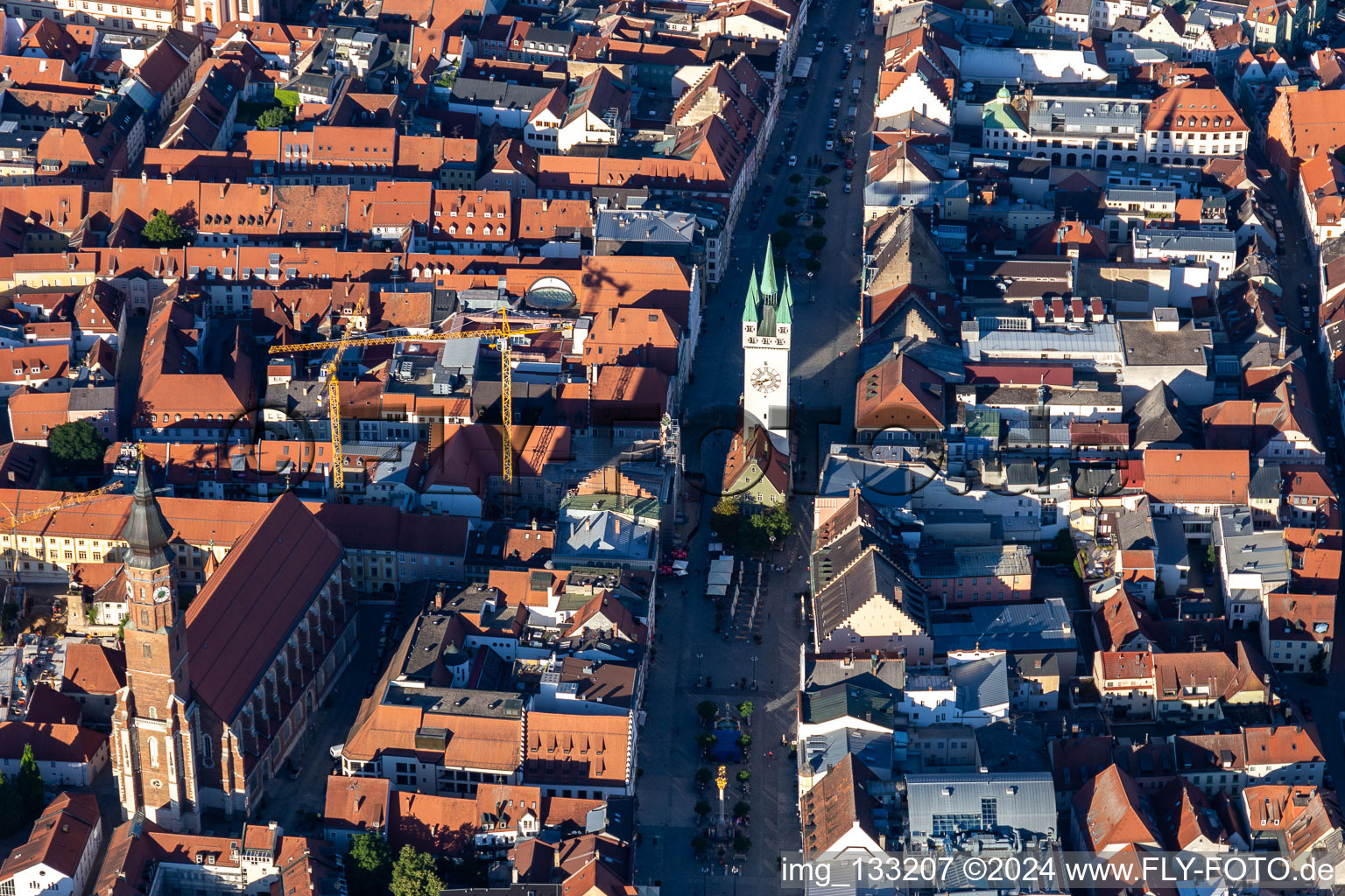 Historic old town with city tower Straubing on Theresienplatz in Straubing in the state Bavaria, Germany