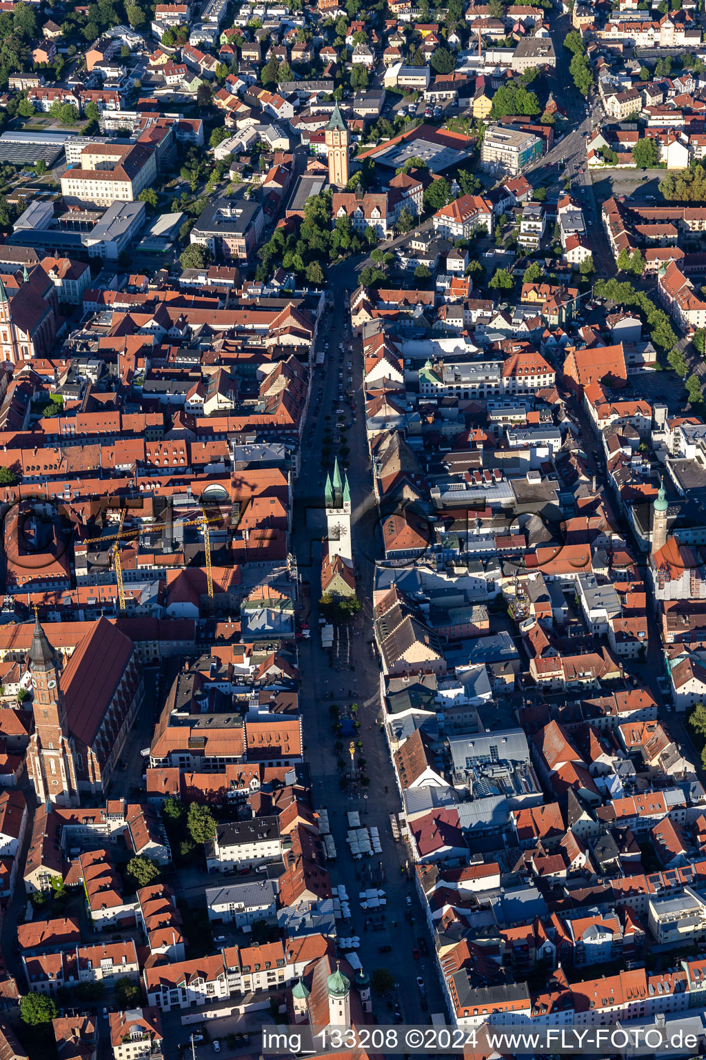 Aerial view of Historic old town with city tower Straubing on Theresienplatz in Straubing in the state Bavaria, Germany