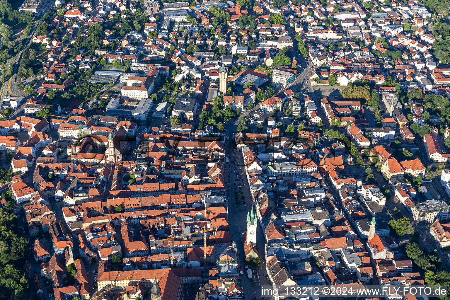 Aerial photograpy of Historic old town with city tower Straubing on Theresienplatz in Straubing in the state Bavaria, Germany