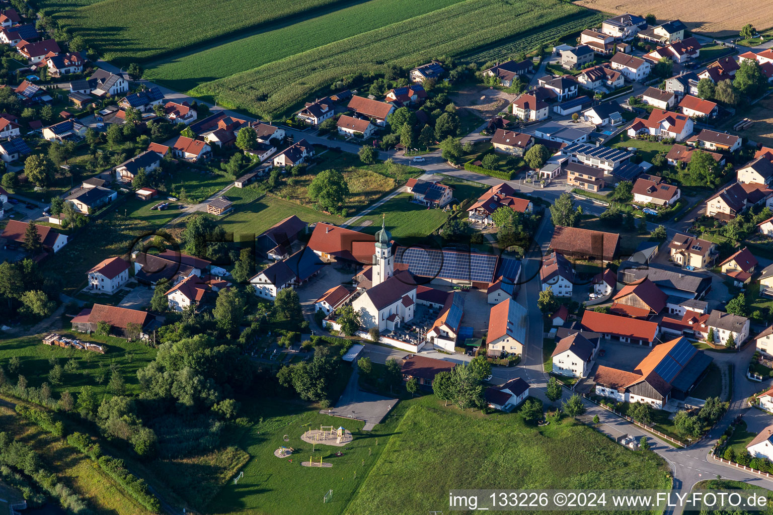 Aerial view of Church in Kößnach in the district Kößnach in Kirchroth in the state Bavaria, Germany