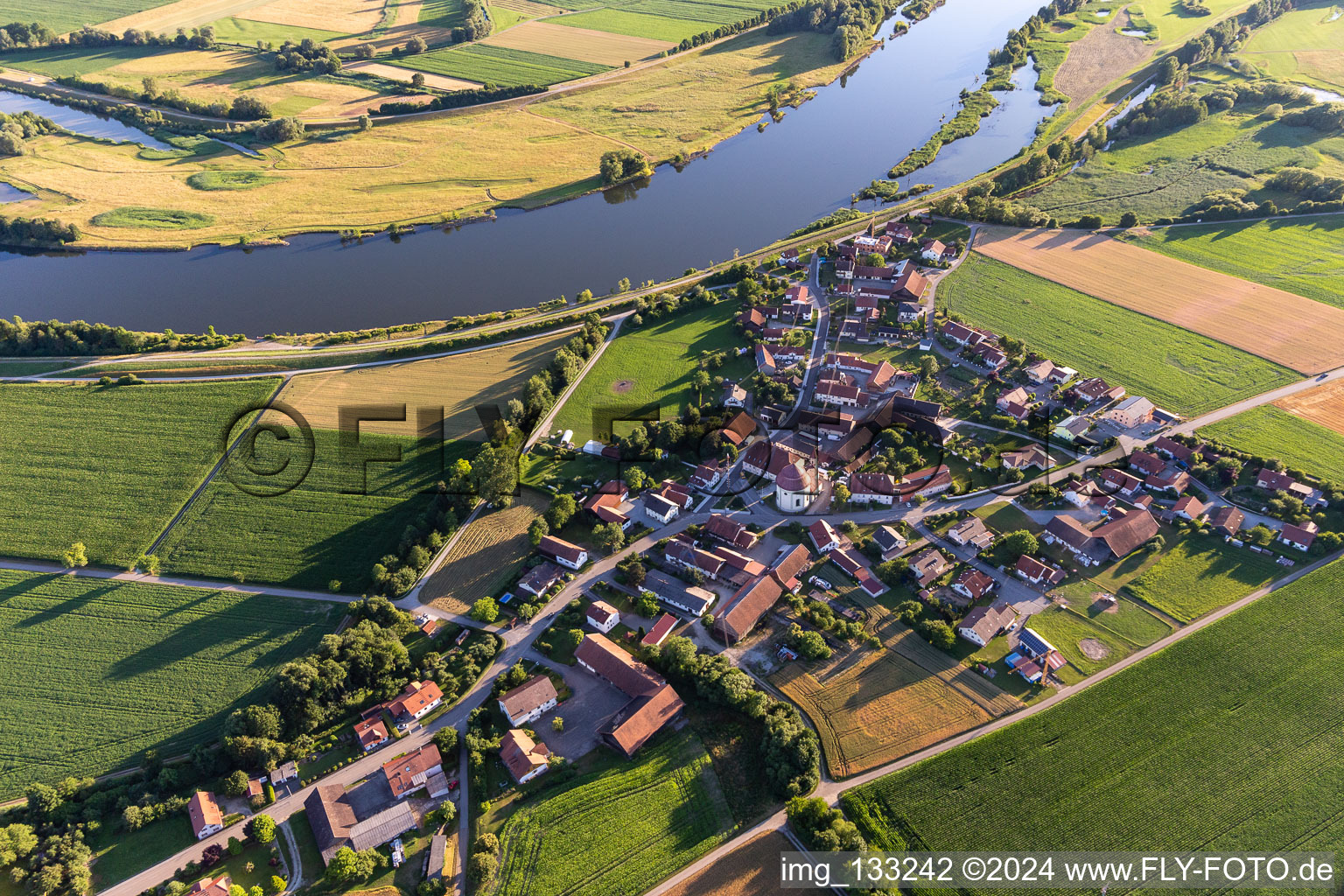 Aerial view of Pilgrimage Church of the Holy Blood in Niederachdorf in the district Niederachdorf in Kirchroth in the state Bavaria, Germany