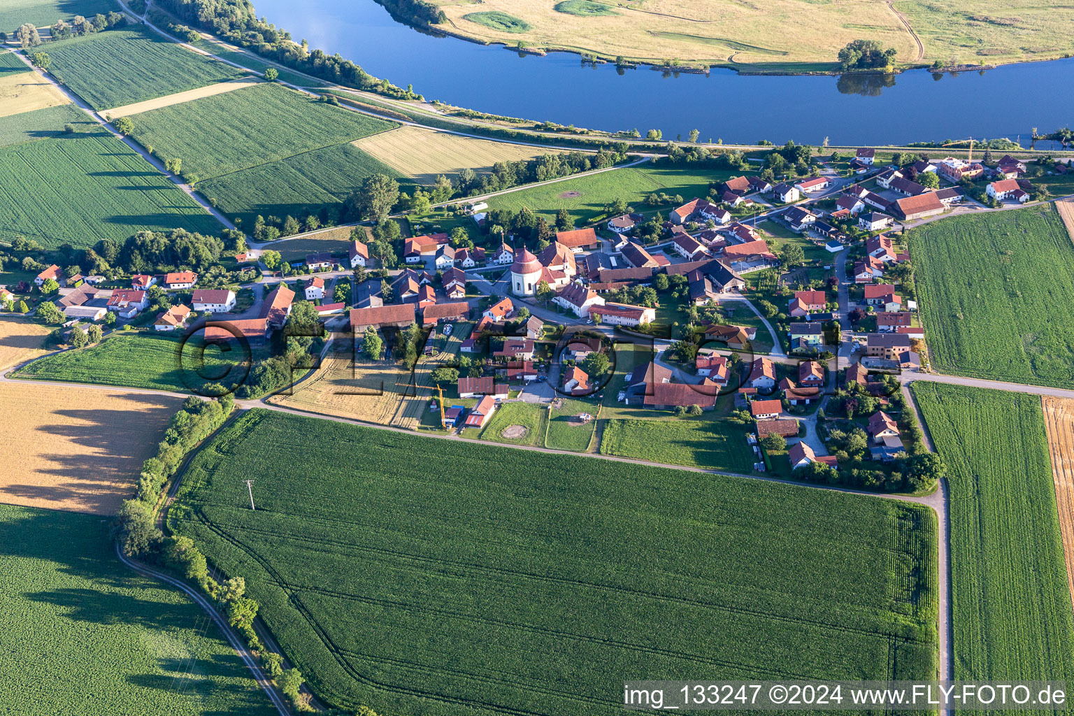 Aerial photograpy of Pilgrimage Church of the Holy Blood in Niederachdorf in the district Niederachdorf in Kirchroth in the state Bavaria, Germany