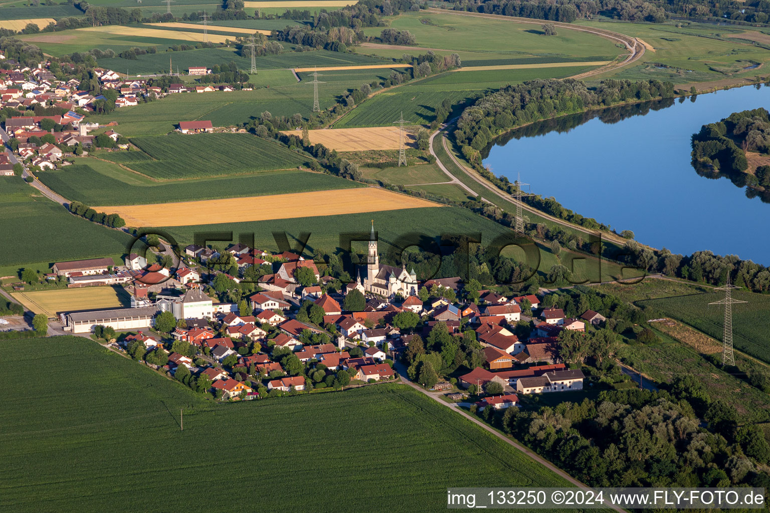 Aerial view of Parish Church of the Assumption of Mary in Pondorf in the district Pondorf in Kirchroth in the state Bavaria, Germany