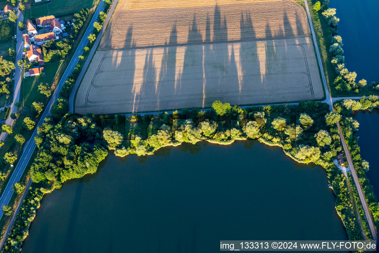 Aerial view of Fish ponds at the Geslinger Mühlbach in the district Geisling in Pfatter in the state Bavaria, Germany