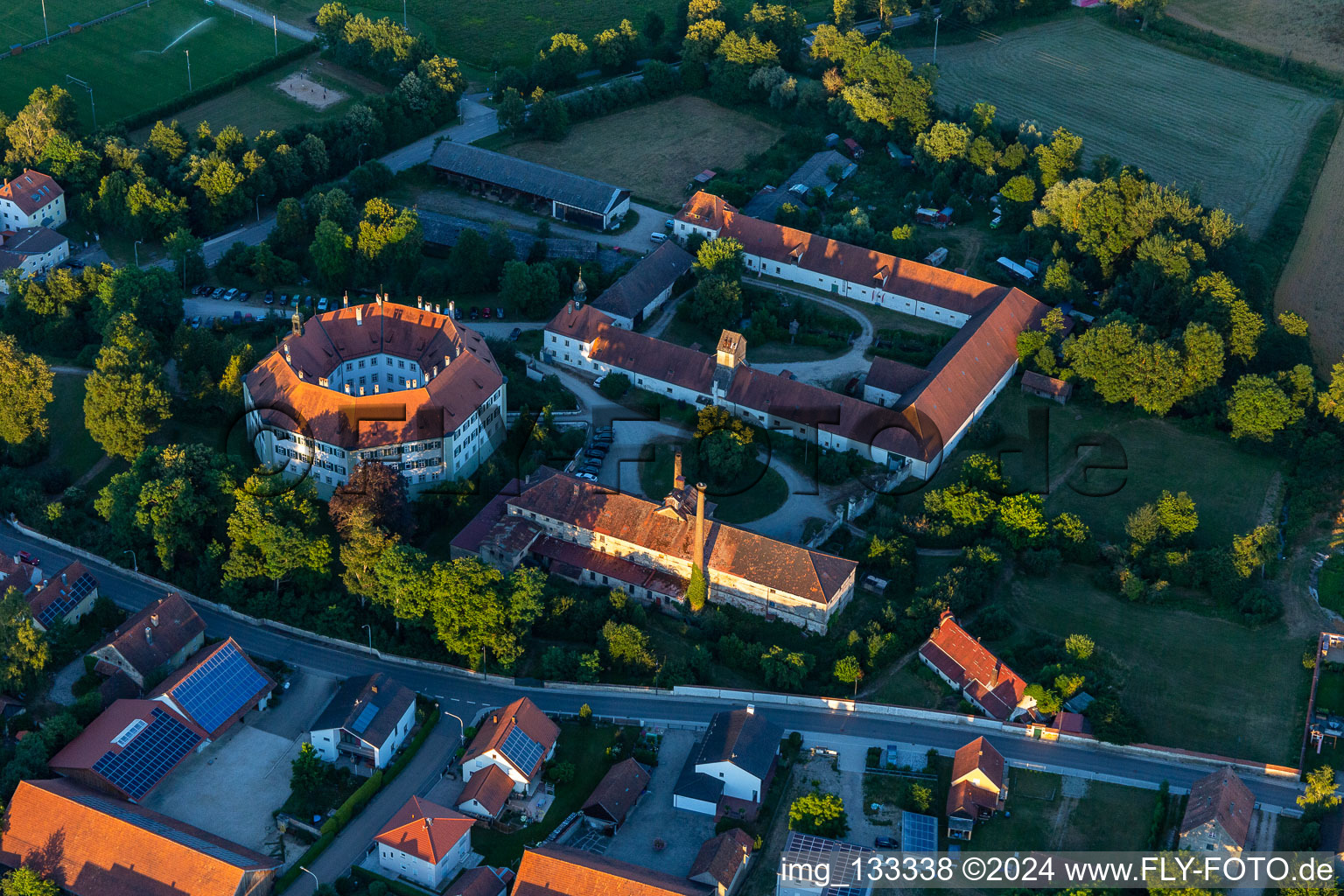 Aerial view of Castle Sünching in Sünching in the state Bavaria, Germany