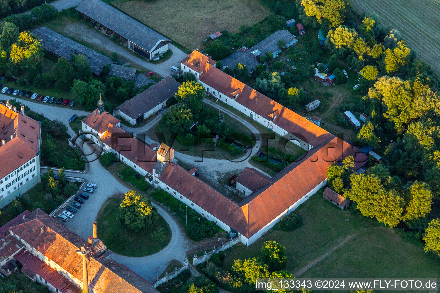 Castle Sünching in Sünching in the state Bavaria, Germany from above