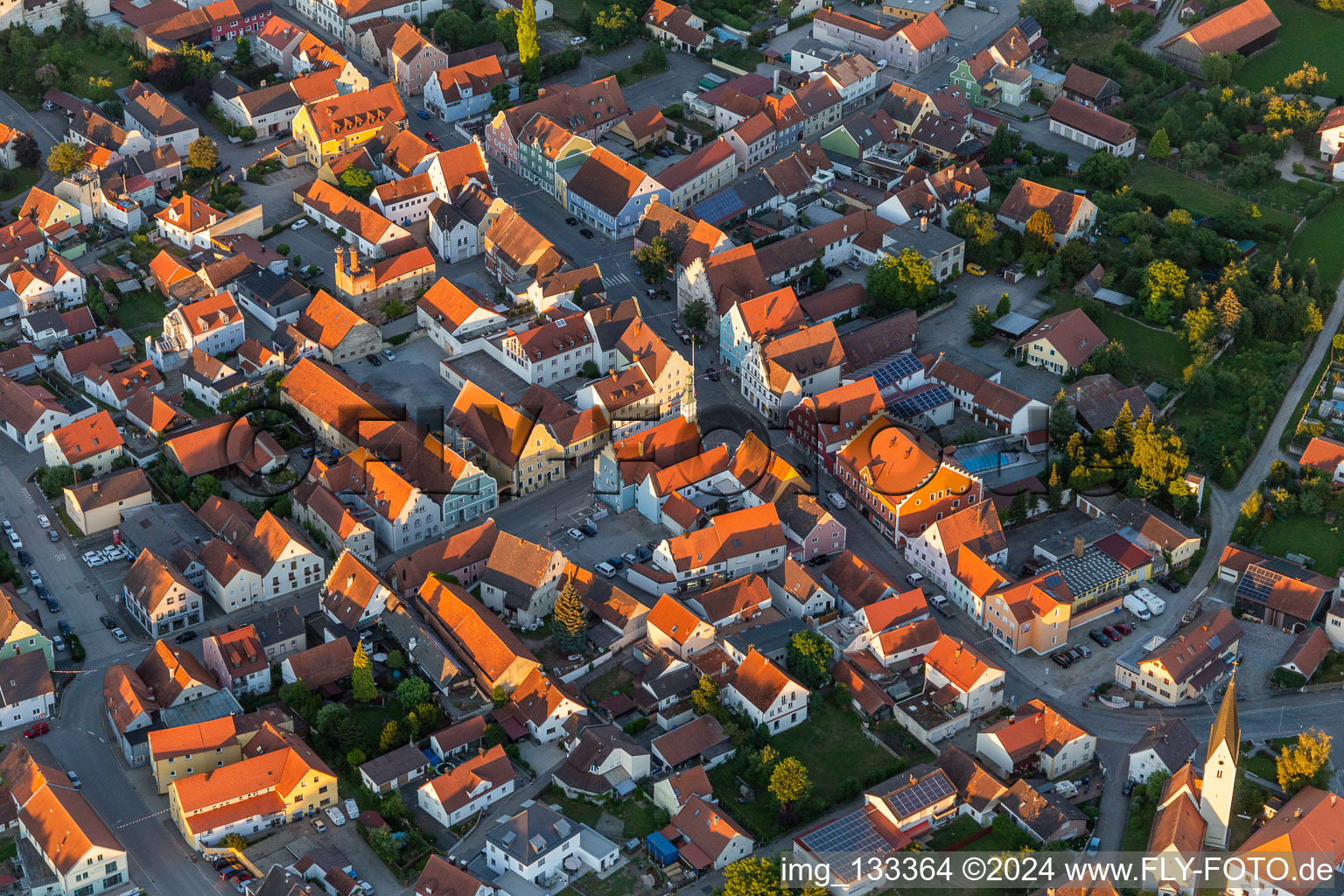 Aerial view of Town Square Regensburgerstr in Geiselhöring in the state Bavaria, Germany