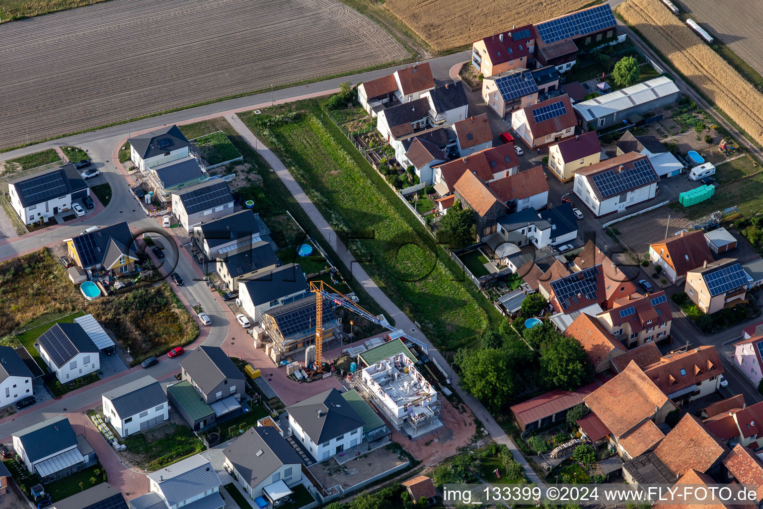 Aerial view of New development area Im Sandblatt in Hatzenbühl in the state Rhineland-Palatinate, Germany