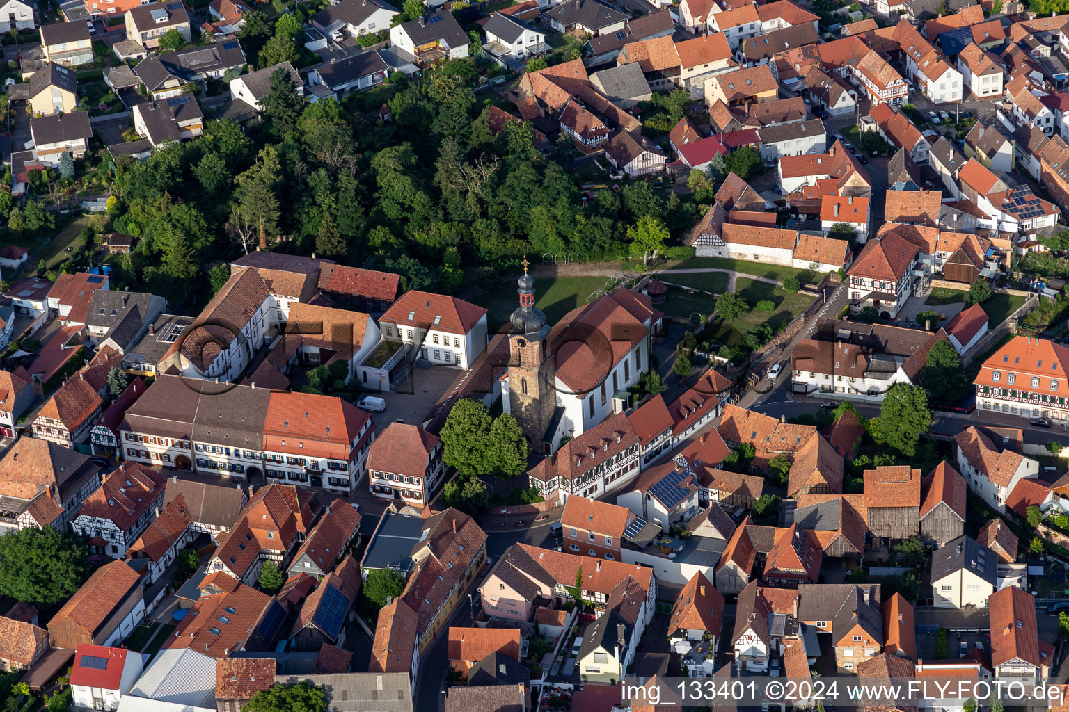 Aerial view of Parish Church of St. Michael in Rheinzabern in the state Rhineland-Palatinate, Germany