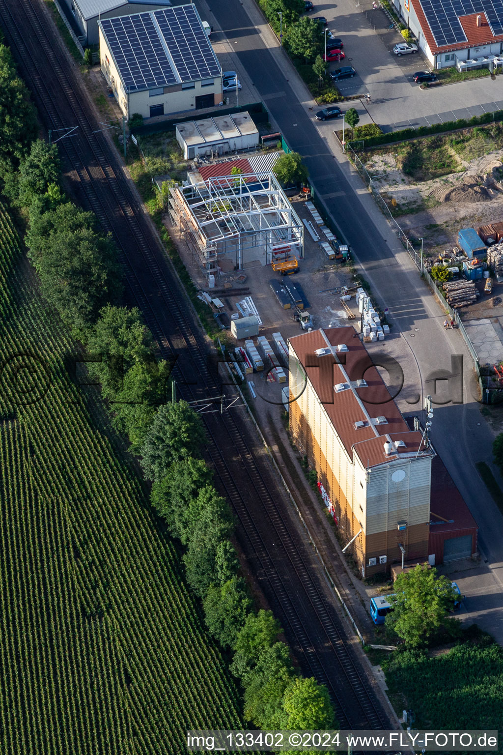 Aerial view of Raiffeisen Merchandising Company South Palatinate mbH in Rheinzabern in the state Rhineland-Palatinate, Germany